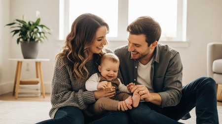 A smiling baby is held by parents in a cozy indoor setting, likely a home. Natural light illuminates the scene, highlighting the soft textures of clothing. A potted plant adds a touch of nature. This image is suitable for various commercial uses, including advertisements for family products and editorial content on parenthood.の素材