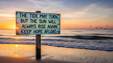 A wooden sign displays an inspirational message at the beach, featuring the ocean and a beautiful sunrise. Warm colors dominate the scene, highlighting the text and natural elements. The composition creates a tranquil atmosphere, suitable for various editorial and commercial applications. The image suggests a peaceful, optimistic vibe.の素材