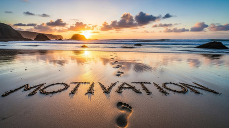 The image features a tranquil coastal scene with the word "MOTIVATION" written in the sand. The composition captures the sunset, with warm colors illuminating the water and sky. Footprints lead towards the horizon. This visual is suitable for promoting positive thinking, self-improvement, and related concepts.の素材