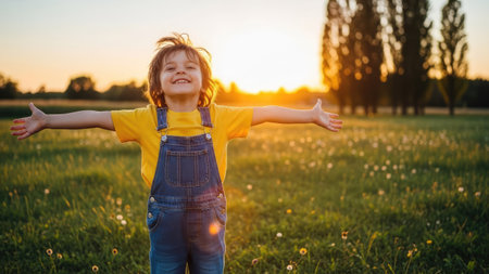 A young child stands in an open field, arms outstretched, bathed in the warm glow of the setting sun. The image features natural colors, with green grass and a golden sky. The composition emphasizes openness and freedom, suitable for diverse commercial applications.の素材