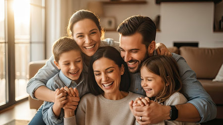 A close-up captures a family of five smiling brightly. The image features a man and woman embracing two young children. Warm sunlight fills the scene, highlighting faces and textures. This photograph conveys togetherness, happiness and is suitable for various editorial and commercial applications.の素材