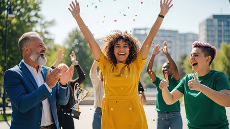 A diverse group celebrates outdoors with arms raised and confetti falling. The central figure wears a yellow dress, radiating joy. Natural light bathes the scene, highlighting the expressions of excitement. This image is suitable for various commercial purposes, including marketing and advertising campaigns.の素材