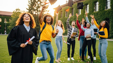 A group of diverse graduates joyfully throw their caps in the air during an outdoor celebration. The image showcases natural sunlight illuminating the scene with a shallow depth of field. The scene involves individuals wearing academic attire and holding diplomas. Suitable for educational and commemorative content, this image can be used for various commercial purposes.の素材