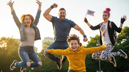 A diverse group of people are captured mid-jump with arms raised in jubilation, illuminated by warm sunlight. The image showcases bright colors, lively expressions, and dynamic composition against a backdrop suggesting an outdoor environment. Suitable for various projects needing visuals of camaraderie and happiness.の素材