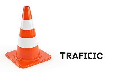 An orange and white traffic cone is centered on a white backdrop. The cone is constructed from hard plastic and presents a warning. The image employs a clean, studio-style lighting, and copy space is available. Suitable for commercial projects that require attention-grabbing visuals.の素材