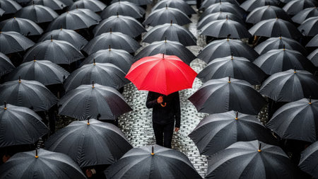 A person holds a bright red umbrella amidst numerous black umbrellas. The composition highlights contrast and visual interest, with the red object drawing immediate attention. The overall style suggests a modern or conceptual context, possibly outdoors or in an urban environment. Suitable for editorial and commercial applications.の素材