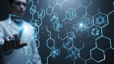 A scientist in a lab coat interacts with a transparent digital interface displaying molecular structures. The image uses blue and white tones, highlighting the technology's glow against a blurred background. The composition suggests a laboratory environment. Suitable for articles on technology, research, or scientific innovation.の素材