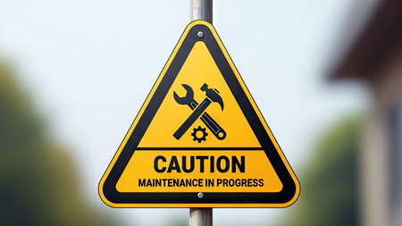 A close-up captures a yellow and black caution sign, alerting about maintenance. The sign displays tools and text within a triangular frame. The background is slightly blurred, implying an outdoor setting. This image may be suitable for illustrating construction, safety, or informational content in a commercial setting.の素材