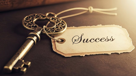 An antique key rests beside a tag inscribed with the word "Success." The close-up shot highlights the intricate details of the key's design and the tag's texture. Warm lighting and a shallow depth of field create a soft, inviting atmosphere. This image is suitable for various commercial uses, including motivational and inspirational content.の素材