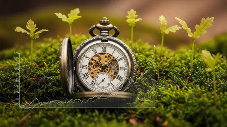 A classic pocket watch rests within verdant greenery, its open face displaying intricate details. The scene showcases a close-up composition with vibrant green hues and a touch of golden sunlight. This image evokes concepts of time, nature, and perhaps the passage of life, suitable for editorial and commercial applications.の素材