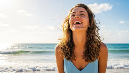 A woman laughs with eyes closed on a bright sunny day at the beach. The composition captures the natural sunlight, highlighting the woman's face and hair. The background shows the ocean and sky. This image can be used for various commercial projects related to happiness, leisure, or travel.の素材