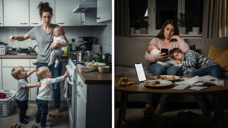 A woman is depicted managing multiple children in a kitchen and a living room. The scenes showcase a busy household with soft lighting and a focus on domestic life. The images could be suitable for content related to parenting, family dynamics, or everyday challenges and experiences.の素材