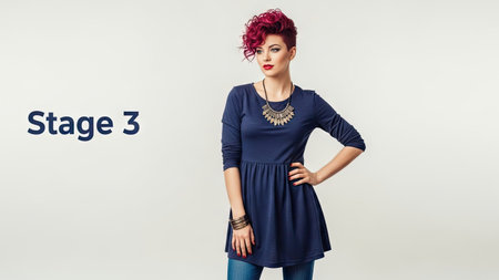 A woman stands confidently, posing against a clean, uncluttered backdrop. She wears a dark blue top and jeans, accessorized with jewelry and bracelets. The image highlights her vibrant, styled hair. Soft lighting suggests an indoor studio environment, ideal for commercial or editorial applications.の素材