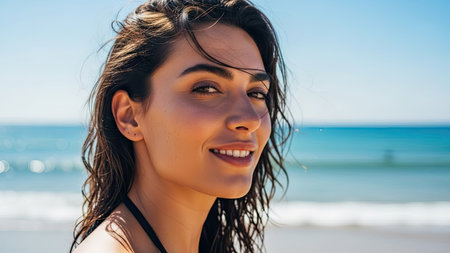 A woman smiles with the ocean and sky in the background. The image presents warm tones with natural sunlight. The composition is balanced with the subject in focus. This image could be used for various commercial or editorial purposes.の素材