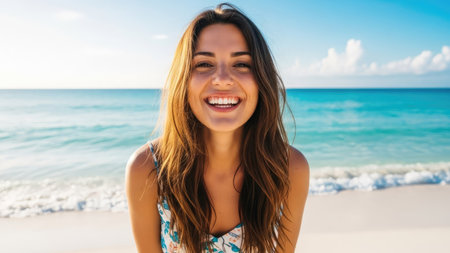 A woman smiles broadly while standing on a sandy beach. The image showcases a sunny day with clear skies and ocean views. The composition includes the shore and ocean merging with a blue sky. Suitable for travel or lifestyle concepts, this image is versatile for various commercial applications.の素材