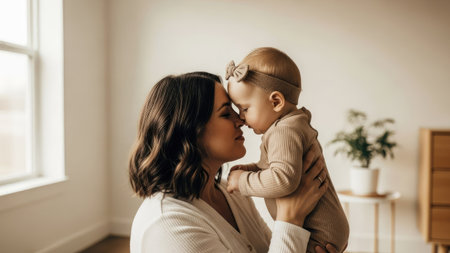 A woman holds a baby, their foreheads touching in a tender moment. The scene is illuminated by gentle natural light, creating a warm, intimate atmosphere. The composition emphasizes the connection between the mother and child. It is suitable for illustrating themes of family, love, and care. Potential applications include editorial and commercial projects.の素材