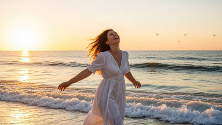 A woman in a white dress stands on a beach with arms open wide, possibly laughing. The scene is bathed in warm sunlight from the setting sun, creating a dynamic composition. The ocean waves crash gently, creating a picturesque ambiance ideal for travel or lifestyle content.の素材