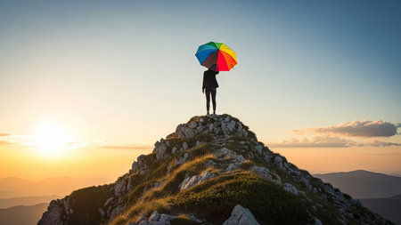 A silhouette of a person stands atop a mountain, holding a multicolored umbrella. The image features warm tones of orange and blue, with soft sunlight illuminating the scene. This visually striking image can be utilized for various commercial purposes, including advertising and editorial content.の素材