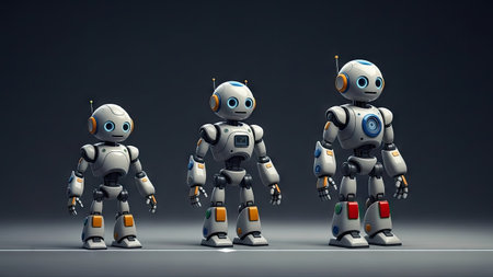 Three animated robots are displayed, showcasing a clean, modern style. The robots have white bodies, highlighted with orange and red details, against a dark, neutral backdrop. The composition is likely digitally created, with smooth textures and soft lighting. Suitable for technology, innovation, or design-related content.の素材