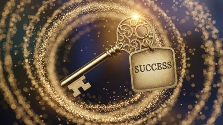 An antique key with a success tag is the central focus, positioned against a swirling background of golden light. The composition features a shallow depth of field, with soft focus and a warm color palette. The image conveys a sense of achievement and opportunity, suitable for conceptual or inspirational projects.の素材