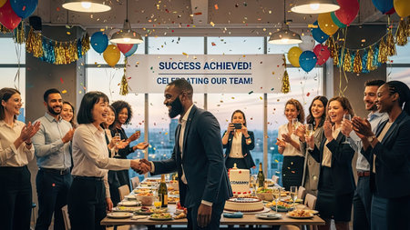 An interior shot features a diverse group of professionals celebrating a success. Two colleagues shake hands, highlighted by a banner. Balloons and confetti add to the celebratory atmosphere. The lighting is bright, creating a cheerful mood. Suitable for use in business and editorial projects, reflecting teamwork and achievement.の素材
