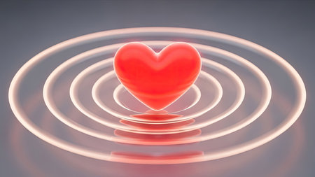 A radiant red heart is the central element, positioned within concentric glowing circles. The image employs smooth gradients and subtle lighting effects to create depth. It presents a modern aesthetic suitable for various applications, including promotional materials and design templates. The composition suggests a connection to concepts like care, emotions, and giving.の素材