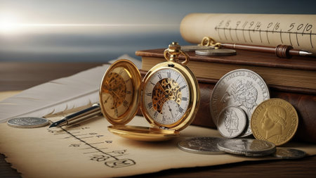 A close-up view presents a golden pocket watch alongside various coins, a feather pen, and old documents. The scene employs warm lighting and a shallow depth of field, highlighting the textures of paper and metal. This composition evokes themes of history and wealth, suitable for editorial and commercial applications.の素材