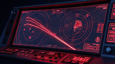 An illuminated radar screen presents data visualization against a dark backdrop. Red lines and circles convey information, contrasted with a shadowy environment suggesting interior or enclosed space. This imagery is potentially applicable for various editorial and commercial projects, illustrating technological and data-driven themes.の素材