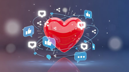 A glossy red heart is the central focus, encircled by glowing social media icons like likes and shares. The image uses a digital rendering style with vibrant colors and a gradient background. It may be suitable for marketing, website design, or content related to love, communication, or virtual engagement.の素材