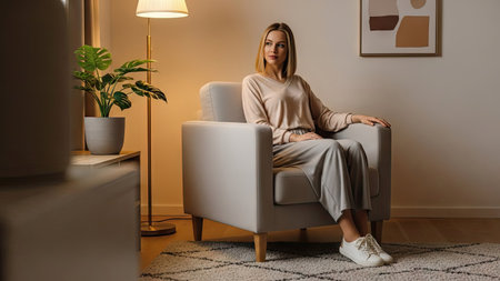 A woman is seen sitting comfortably in a modern armchair indoors. She is dressed in casual clothing. The scene is illuminated by soft light from a floor lamp, highlighting the neutral tones of the interior. This image can be used for lifestyle, home decor, or wellness themes.の素材