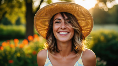 A woman is smiling broadly, wearing a straw sun hat, with sunlight illuminating her face and the background. The image displays a shallow depth of field, with soft focus on the background greenery and flowers. It is suitable for various commercial uses, including lifestyle and portraiture.の素材