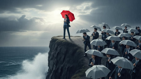A woman stands atop a cliff holding a red umbrella, contrasting with the many people below holding white umbrellas. The image features a dramatic sky with stormy clouds above a turbulent ocean. The composition uses contrasting colors and lighting to convey concepts, potentially suitable for editorial and commercial use.の素材