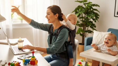 A woman sits at a desk, using a laptop while a baby is strapped to her back. Another baby is in a high chair, playing. The scene features soft lighting and a modern interior. This image could be used for various commercial projects related to childcare, remote work, or family life.の素材