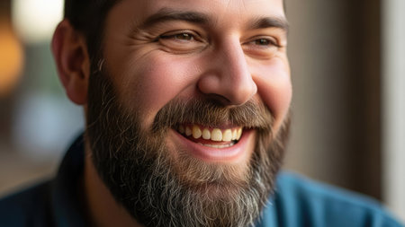 This close-up captures a smiling man with a full beard, highlighting his positive expression. The warm lighting illuminates his face, emphasizing the texture of his skin and beard. Suitable for various uses, this image could be utilized for commercial or editorial projects needing a depiction of happiness and approachability.の素材