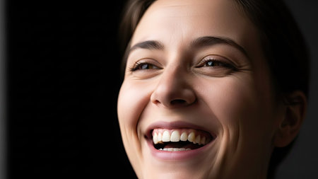 A headshot shows a smiling woman with dark hair and bright eyes. The image uses soft lighting to highlight her expression. The background is a solid black, creating a contrast. This image could be used for various projects, including advertising or editorial content, emphasizing happiness.の素材