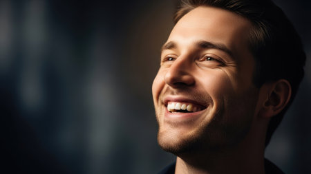 A close-up portrait showcases a person smiling. The image highlights a positive facial expression against a blurred dark background. The lighting is soft, emphasizing the person's features. This image could be used for various commercial or editorial projects needing a visual representation of joy or positivity.の素材