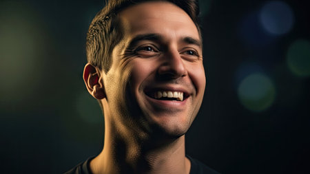 This image showcases a man smiling broadly, with a focus on his face and expression. The lighting highlights his features against a dark backdrop. Suitable for various uses, this image could be employed in projects relating to happiness and positive emotions, ideal for editorial or commercial purposes.の素材