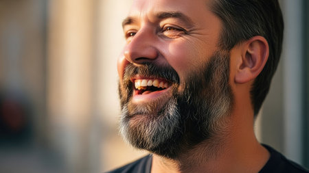 A man is shown smiling with his mouth open. The image displays warm tones and natural lighting. The composition focuses on the face and beard, emphasizing happiness. It could be used for various commercial projects related to joy, lifestyle, or portraiture.の素材