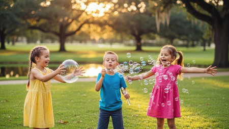 Three children are joyfully playing with bubbles in a park setting. They are wearing colorful clothes. The scene is bathed in warm sunlight, suggesting a pleasant day. The composition features copy space, suitable for various commercial and editorial applications.の素材