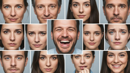 A collection of diverse human faces showcases various emotional expressions, arranged in a grid-like composition. Predominantly natural skin tones, with soft studio lighting enhancing the visible details. This imagery could be employed for a range of purposes including stock photography, educational content, or articles about human behavior.の素材