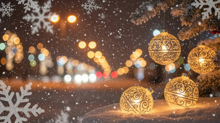 Illuminated Christmas ornaments sit amidst falling snowflakes, their intricate patterns glowing warmly. The scene presents a blurred background of street lights under a snowy sky. Suitable for seasonal greetings, cards, and festive designs, the image evokes a sense of winter and celebration.の素材