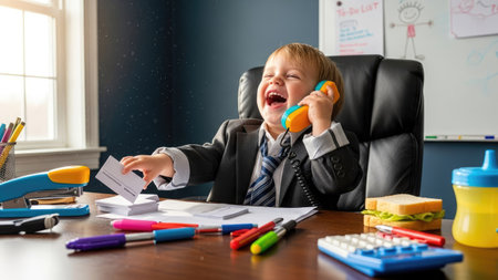 A young child wearing a suit is seated at a desk, enthusiastically talking on a phone. The image shows a bright room with office supplies and a sandwich. Colors are vibrant, lighting is natural. The scene conveys a playful interpretation of business, suitable for editorial and commercial projects.の素材