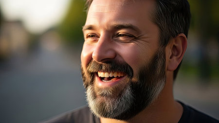 A close-up shot portrays a man with a beard and smiling face, possibly enjoying an outdoor setting. The image uses natural lighting, creating soft shadows and highlights. This could be useful for projects related to happiness, portraiture, or general lifestyle themes, suitable for various editorial and commercial applications.の素材