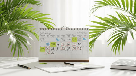 A calendar sits on a desk with a notebook and pens, presented in natural lighting, complemented by green plants. The composition features a neutral color palette. This image is suitable for various commercial uses, including website design, advertising, and marketing materials.の素材