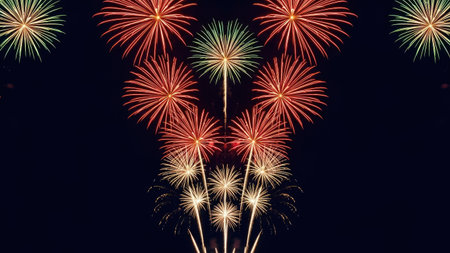 This image showcases a vibrant fireworks display, with bursts of red, green, and gold colors. The composition highlights various firework patterns set against a dark backdrop. Suitable for a variety of projects, the image provides visual appeal for celebratory and festive themes. Ideal for commercial and editorial uses.の素材