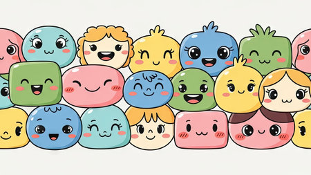 A collection of cute, cartoonish characters arranged in a horizontal row. Each character features a unique expression and color, including pink, blue, green, and yellow. The style is simple and graphic, with clean lines and a cheerful aesthetic. This image may be suitable for use in various design projects, illustrations, or as a background.の素材