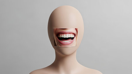 An image showcases a human head sculpture with a rectangular cutout revealing a smiling mouth. The composition presents a smooth, neutral-toned head with the vibrant mouth, creating a striking contrast. The studio lighting and minimal background suggest versatile applications for creative or advertising projects.の素材