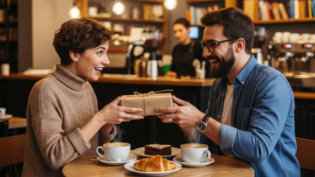 A man and woman are seated at a table in a cafe, exchanging a gift box. The scene features warm lighting and a neutral background. The couple appears to be enjoying a moment of happiness. This image could be used in various commercial projects to illustrate concepts of celebration and gifting.の素材