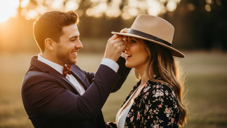 A man is adjusting a hat on a woman's head in a warm-toned outdoor setting. The couple is bathed in soft sunlight, suggesting a daytime scene. The image displays a shallow depth of field, with a focus on their interaction. This image could be used for various commercial or editorial purposes.の素材