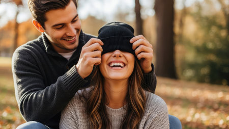 A man playfully covers a woman's eyes, prompting a cheerful expression, set amidst an environment with autumnal foliage. The composition uses natural lighting, highlighting the couple's interaction. This image could be suitable for a variety of projects, including advertising or editorial content, emphasizing themes of relationships.の素材